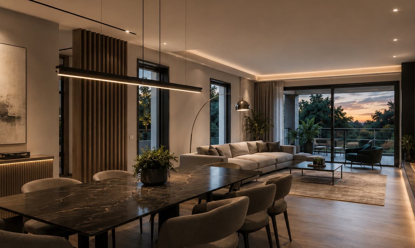 Σύγχρονος εσωτερικός χώρος διαβίωσης Lumier Residences με μεγάλα ανοίγματα